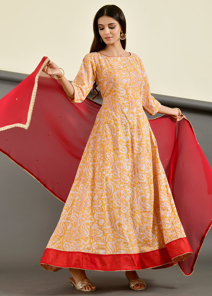 2 Pc Yellow Block Print Cotton Kurti Set VDRAN1412238 - Indian Silk House Agencies