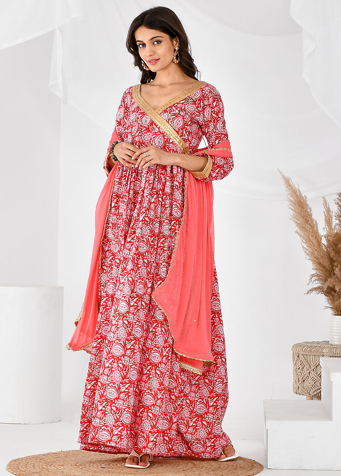 2 Pc Red Cotton Printed Kurti Set VDRAN12042025 - Indian Silk House Agencies