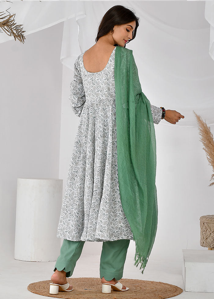 3 Pc White Cotton Printed Suit Set VDRAN12042038 - Indian Silk House Agencies
