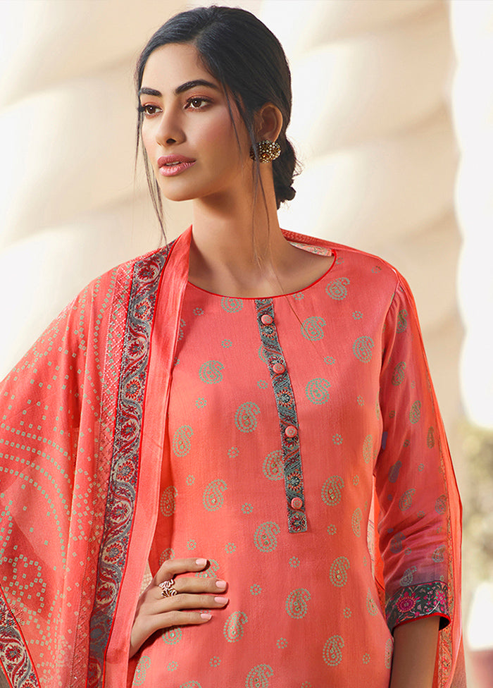 3 Pc Peach Unstitched Silk Suit Set - Indian Silk House Agencies