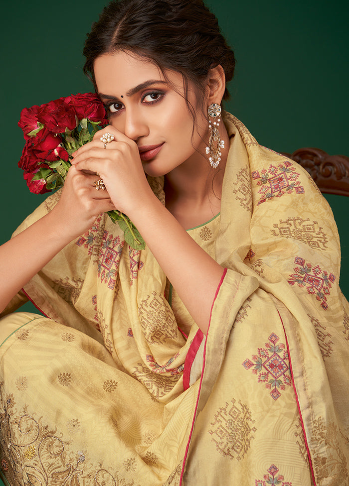3 Pc Yellow Unstitched Silk Suit Set VDSL070247 - Indian Silk House Agencies