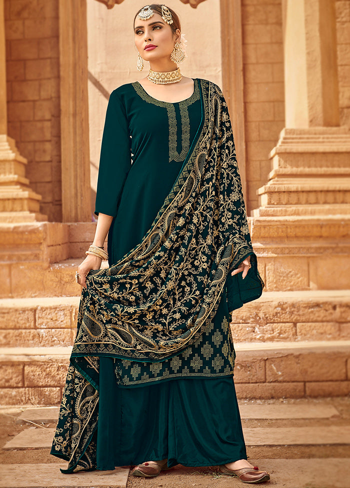 3 Pc Teal Unstitched Georgette Suit Set VDSL10022025 - Indian Silk House Agencies