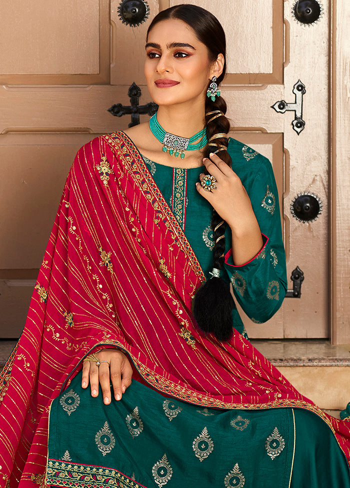 3 Pc Blue Unstitched Polyster Silk Suit Set VDSL150224 - Indian Silk House Agencies