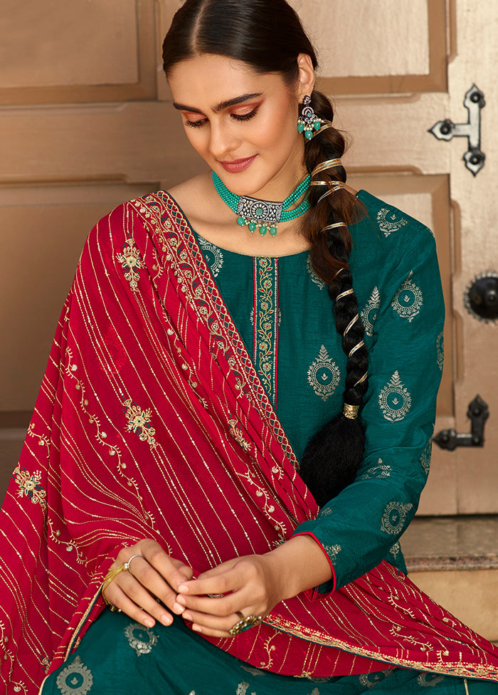 3 Pc Blue Unstitched Polyster Silk Suit Set VDSL150224 - Indian Silk House Agencies