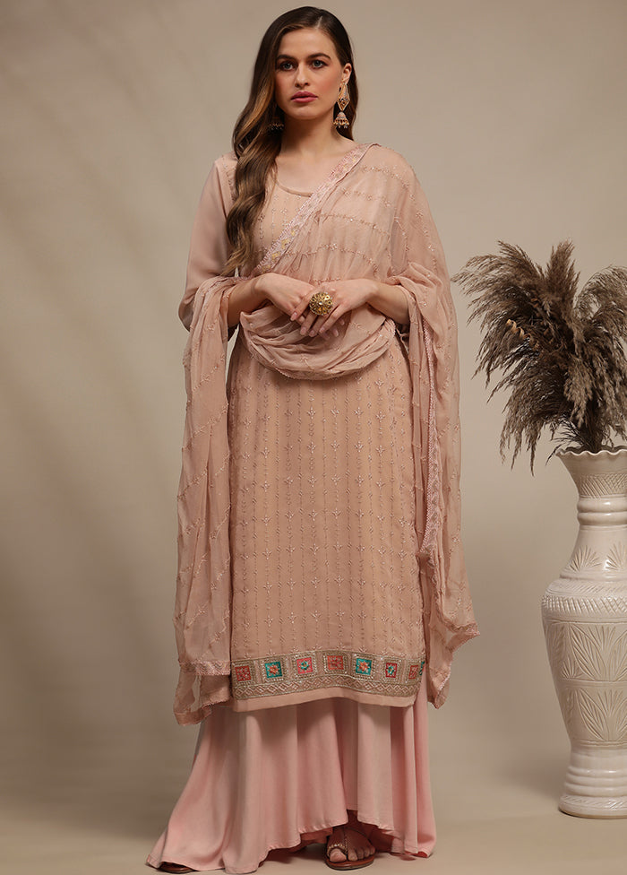 3 Pc Peach Unstitched Georgette Thread Work Suit Set VDSL030333 - Indian Silk House Agencies