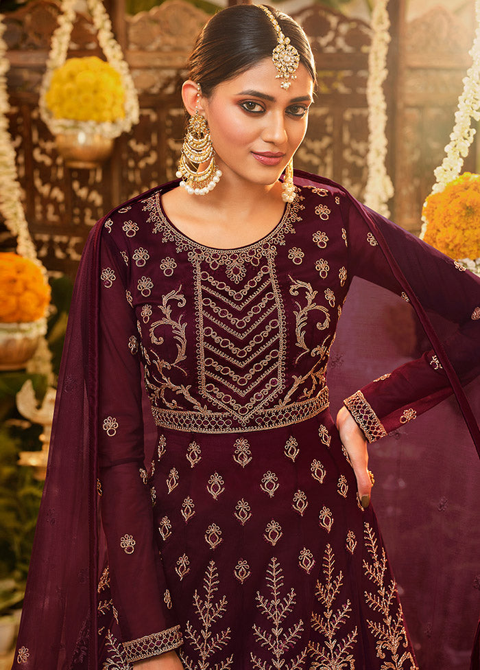 3 Pc Semistitched Wine Suit Set With Dupatta VDSL0130622 - Indian Silk House Agencies