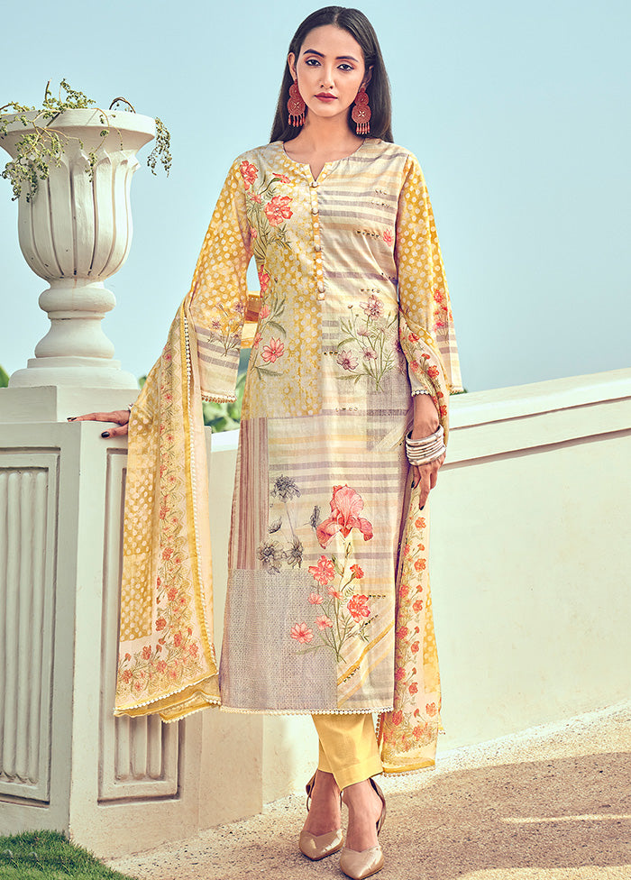 3 Pc Unstitched Yellow Cotton Salwar Suit VDSL040524 - Indian Silk House Agencies