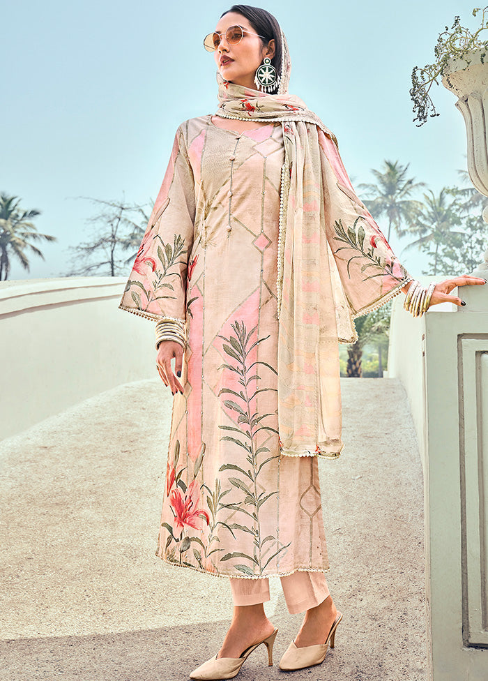 3 Pc Unstitched Cream Cotton Salwar Suit VDSL040527 - Indian Silk House Agencies
