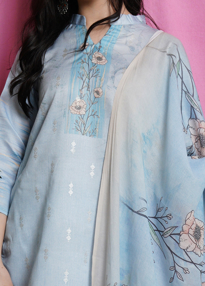 3 Pc Blue Unstitched Santoon Suit Set - Indian Silk House Agencies