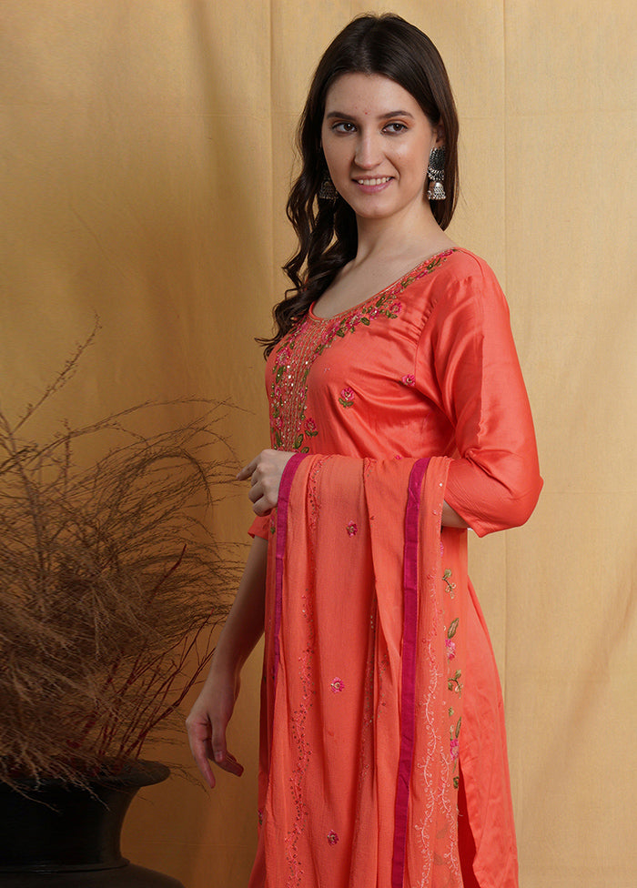 3 Pc Peach Unstitched Cotton Suit Set - Indian Silk House Agencies