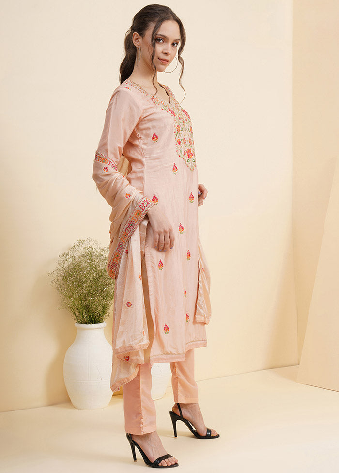 3 Pc Peach Unstitched Silk Suit Set With Dupatta VDSL10030722 - Indian Silk House Agencies