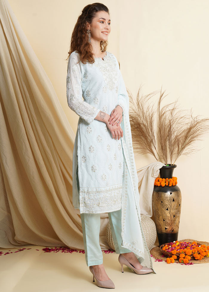 3 Pc Sky Blue Georgette Thread Work Unstitched Suit Set VDSL001080832 - Indian Silk House Agencies