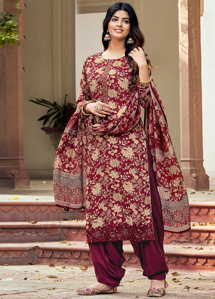 3 Pc Magenta Unstitched Crepe Suit Set With Dupatta VDSL100230826 - Indian Silk House Agencies