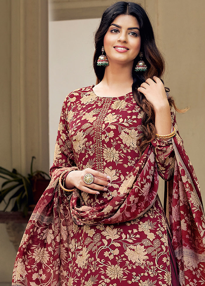 3 Pc Magenta Unstitched Crepe Suit Set With Dupatta VDSL100230826 - Indian Silk House Agencies