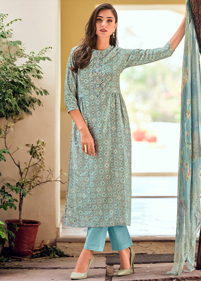 3 Pc Blue Unstitched Muslin Suit Set - Indian Silk House Agencies