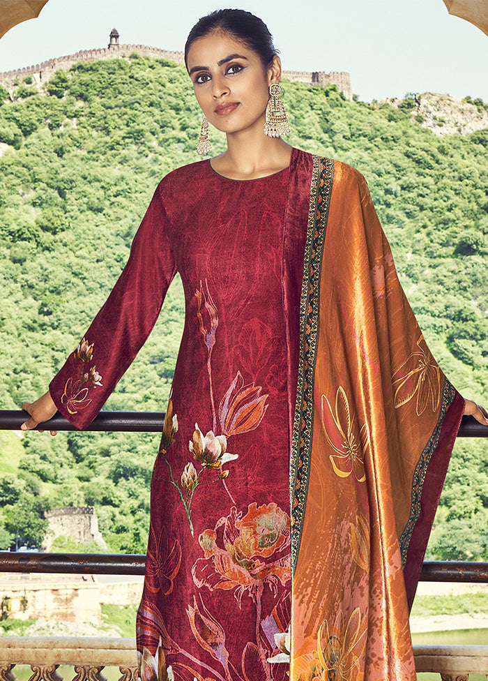 3 Pc Red Unstitched Velvet Suit Set With Dupatta VDSL610234 - Indian Silk House Agencies