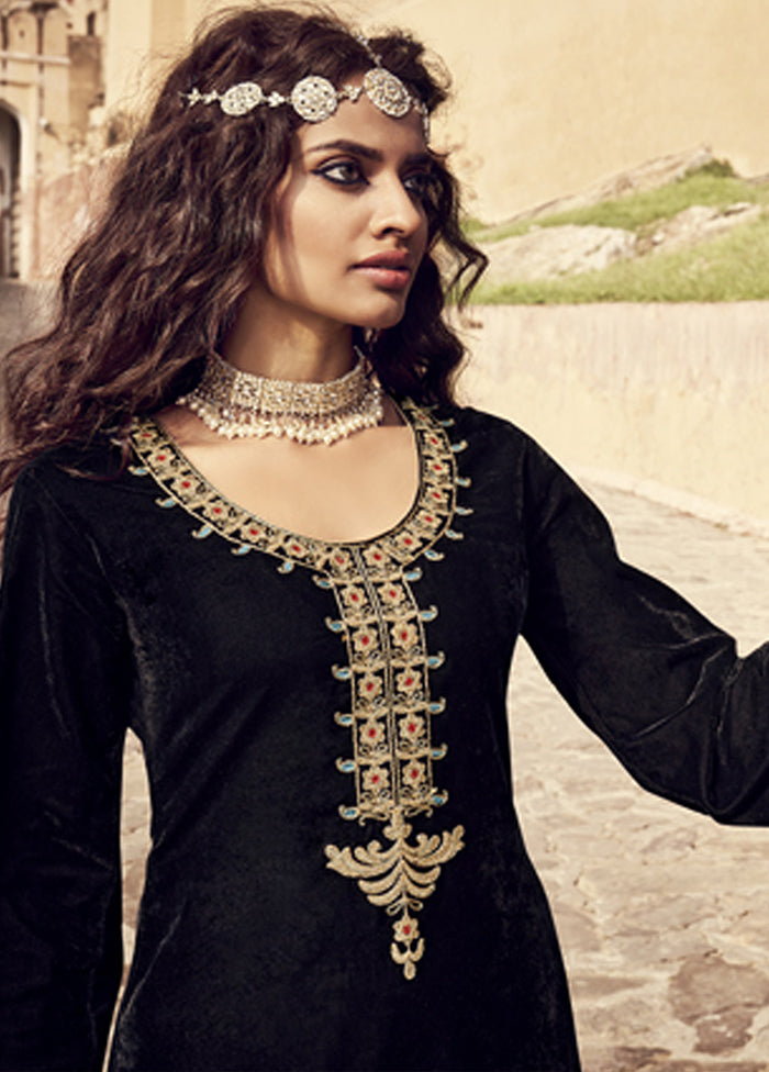 3 Pc Black Unstitched Velvet Suit Set With Dupatta VDSL1110234 - Indian Silk House Agencies
