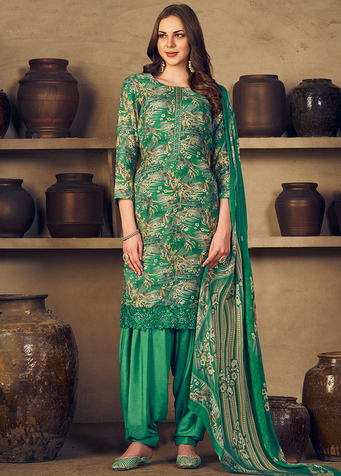 3 Pc Green Unstitched Silk Suit Set With Dupatta VDSL1110245 - Indian Silk House Agencies