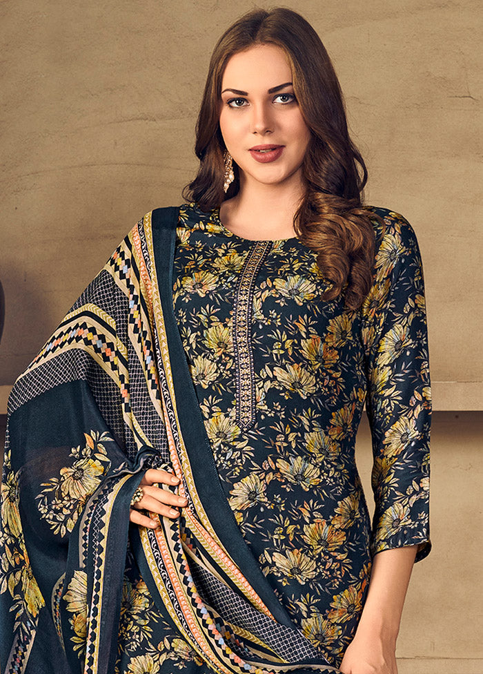 3 Pc Navy Blue Unstitched Silk Suit Set With Dupatta VDSL1110246 - Indian Silk House Agencies