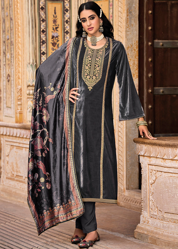 3 Pc Grey Unstitched Velvet Suit Set With Dupatta VDSL1410226 - Indian Silk House Agencies