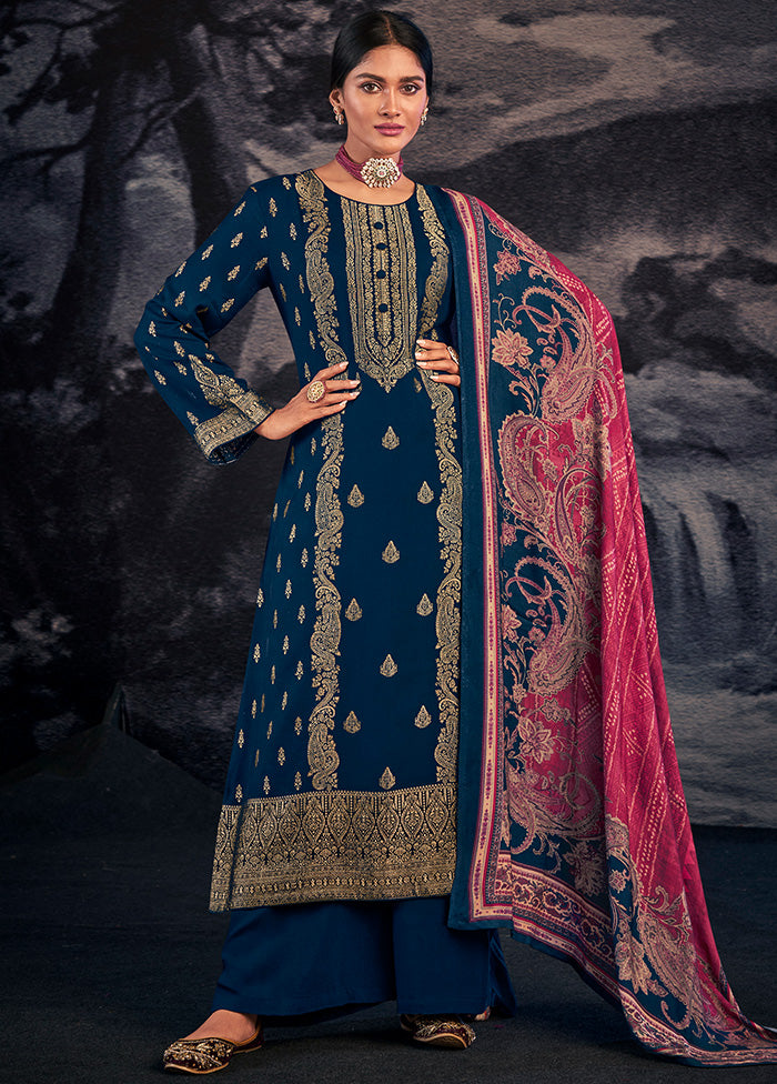 3 Pc Navy Blue Unstitched Silk Suit Set With Dupatta VDSL1410249 - Indian Silk House Agencies