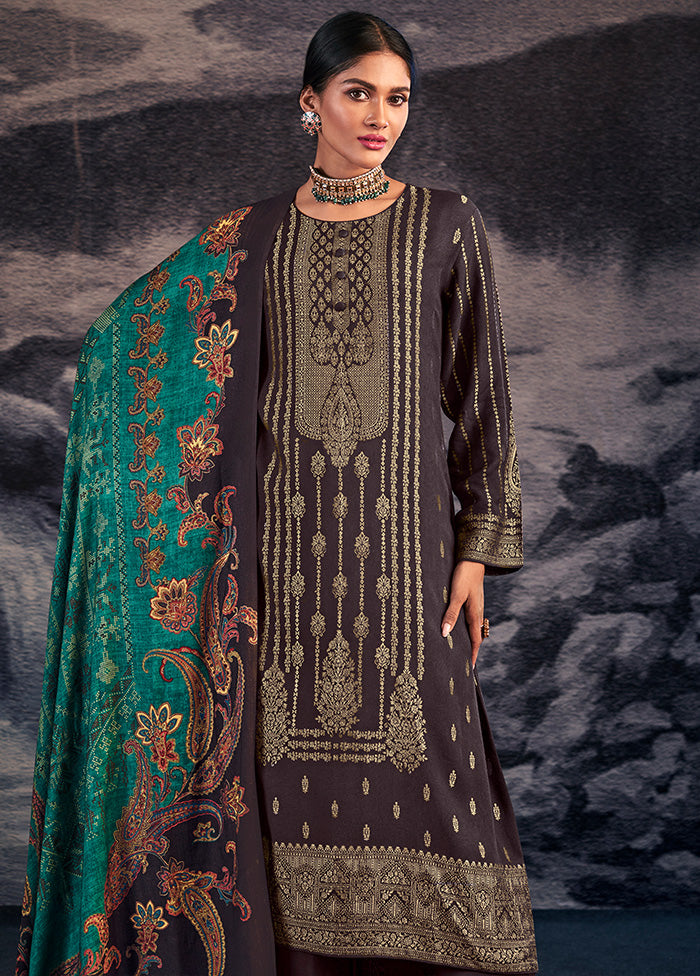 3 Pc Brown Unstitched Silk Suit Set With Dupatta VDSL1410251 - Indian Silk House Agencies