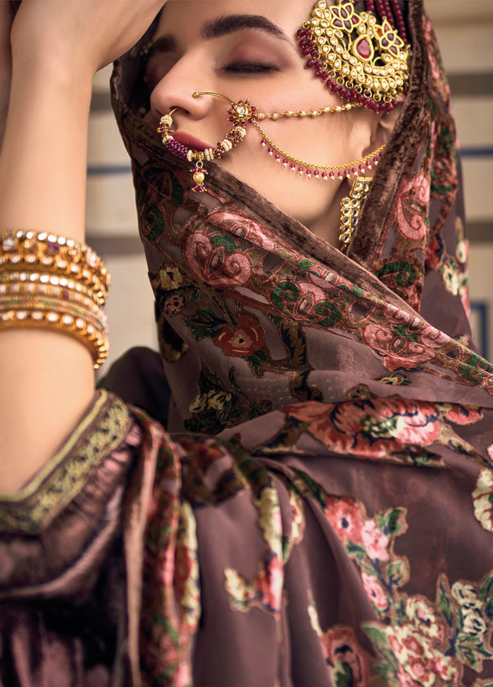 3 Pc Brown Unstitched Velvet Suit Set With Dupatta VDSL1410257 - Indian Silk House Agencies
