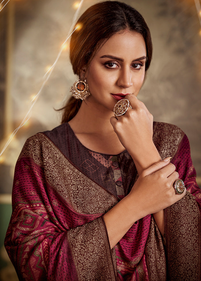 3 Pc Brown Unstitched Silk Suit Set VDSL1111228 - Indian Silk House Agencies