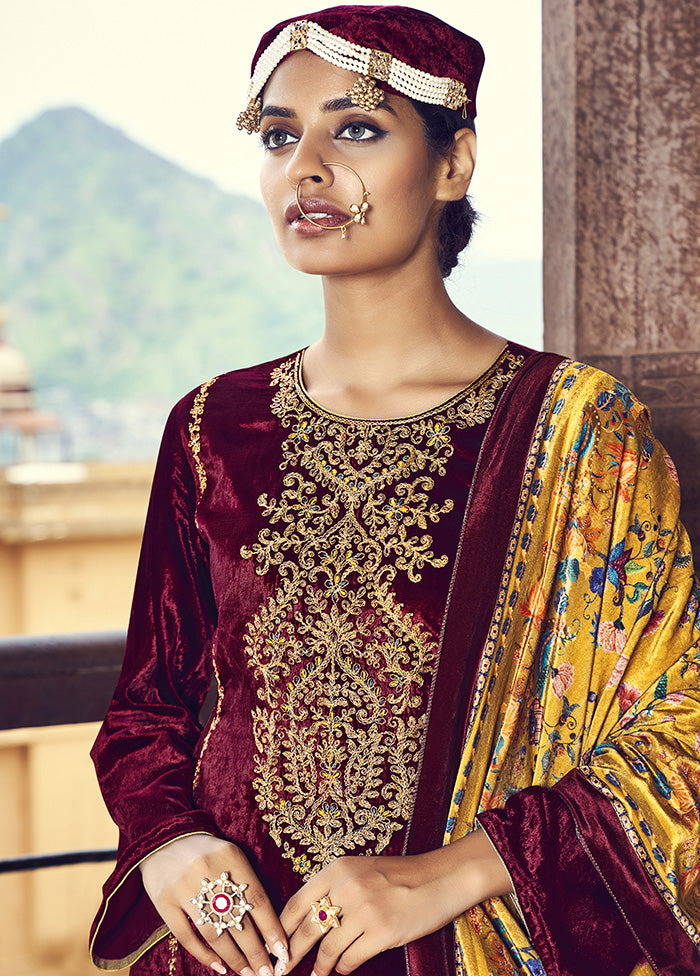 3 Pc Maroon Unstitched Velvet Suit Set With Dupatta VDSL2811228 - Indian Silk House Agencies