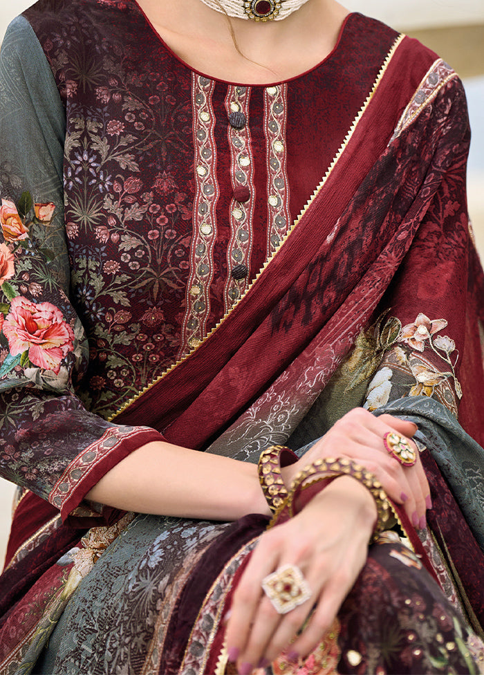 3 Pc Maroon Unstitched Suit Set With Dupatta VDSL812223 - Indian Silk House Agencies