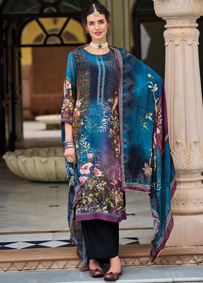 3 Pc Blue Unstitched Suit Set With Dupatta VDSL812224 - Indian Silk House Agencies
