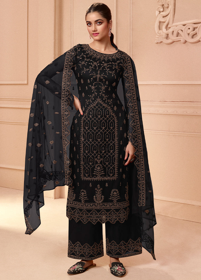 3 Pc Black Unstitched Net Floral Work Suit Set VDSL1312225 - Indian Silk House Agencies