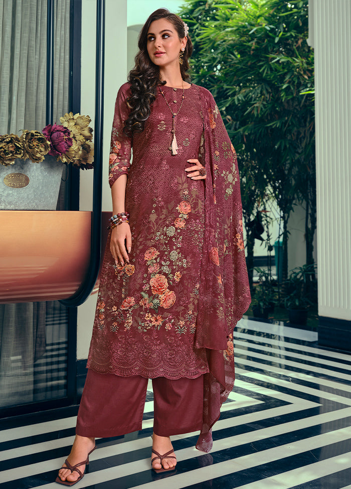 3 Pc Maroon Unstitched Cotton Suit Set - Indian Silk House Agencies