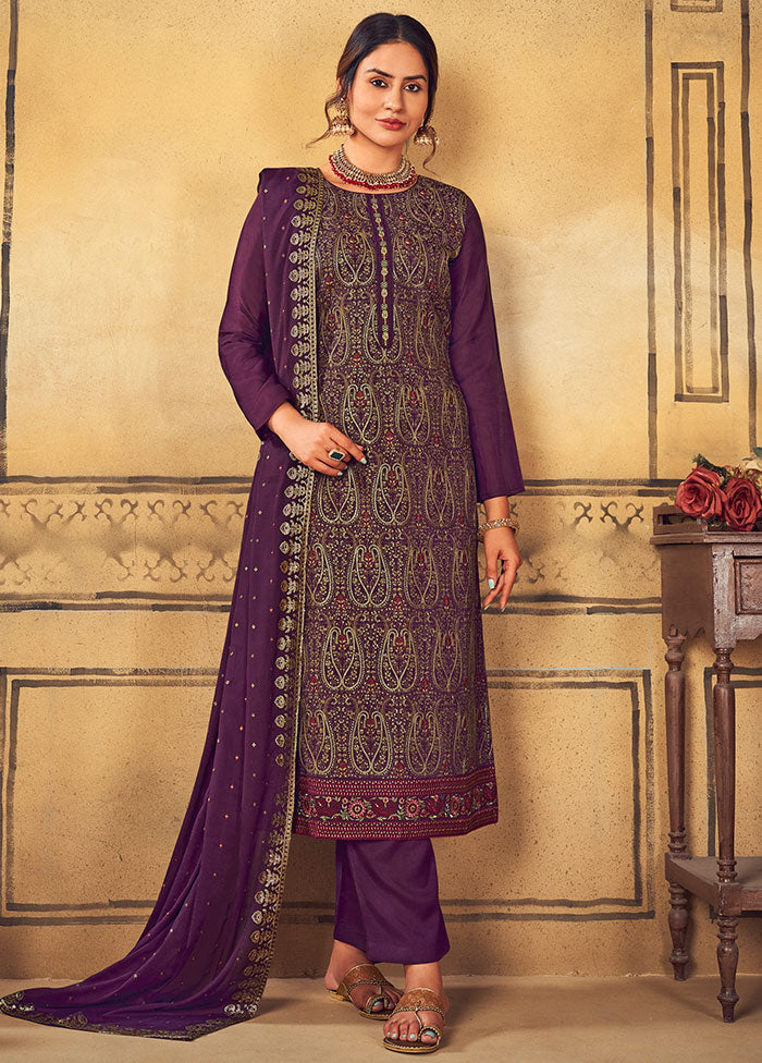 3 Pc Purple Unstitched Salwar Suit Set With Dupatta VDSL91231 - Indian Silk House Agencies