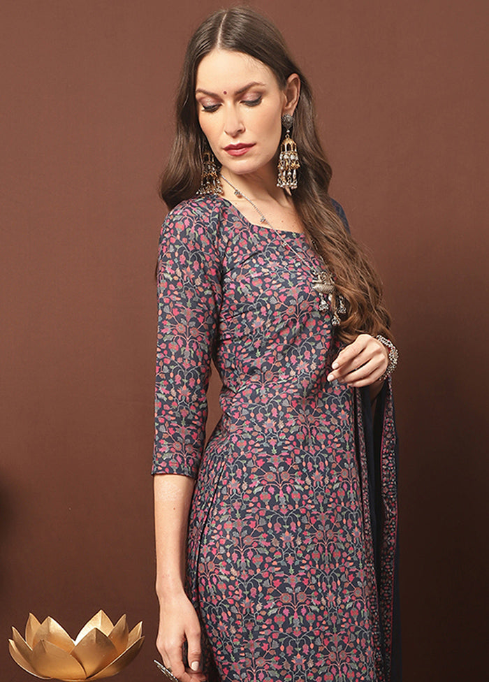 3 Pc Navy Blue Unstitched Silk Suit Set With Dupatta VDSL3001231 - Indian Silk House Agencies