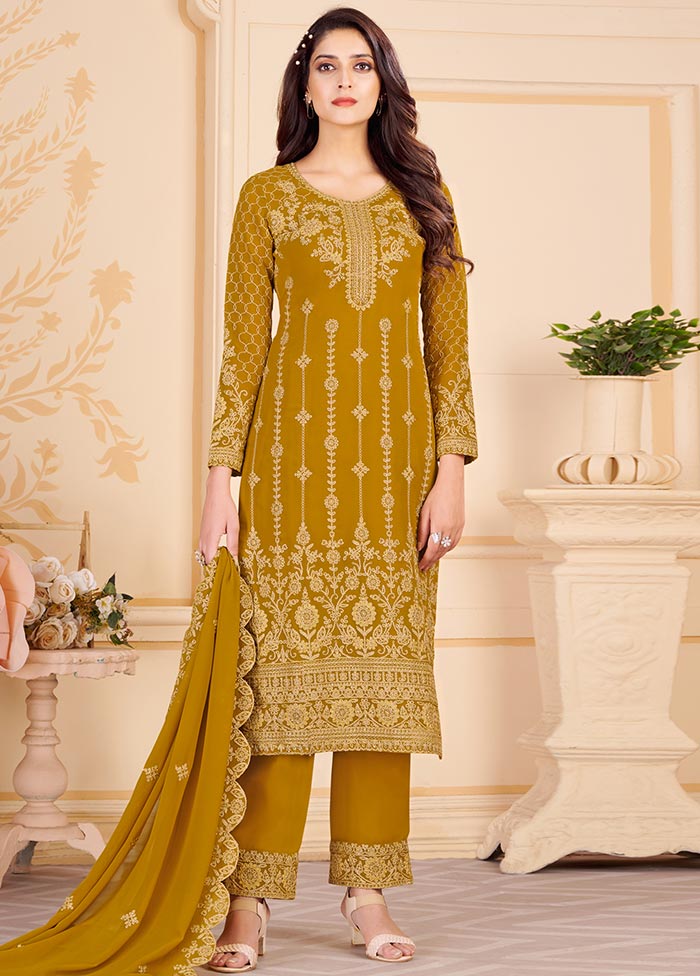 Mustard 3 Pc Unstitched Georgette Suit Set With Dupatta VDSL0402232 - Indian Silk House Agencies
