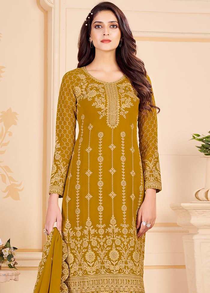 Mustard 3 Pc Unstitched Georgette Suit Set With Dupatta VDSL0402232 - Indian Silk House Agencies