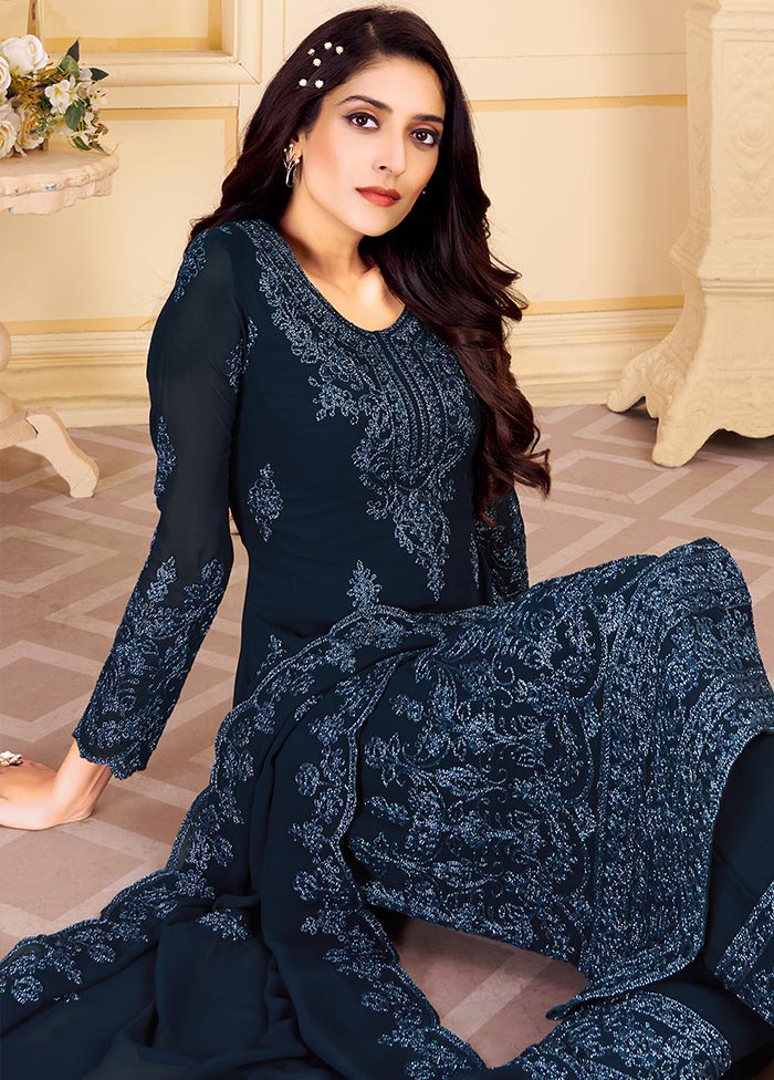 Navy Blue 3 Pc Unstitched Georgette Suit Set With Dupatta VDSL0402233 - Indian Silk House Agencies