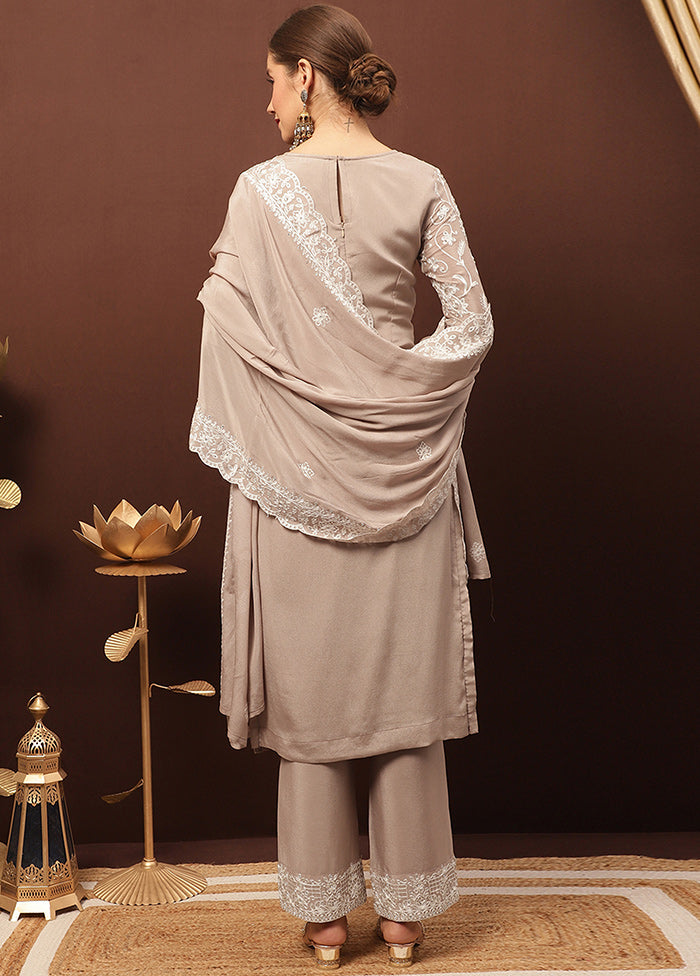 3 Pc Beige Unstitched Suit Set With Dupatta VDSL1002233 - Indian Silk House Agencies
