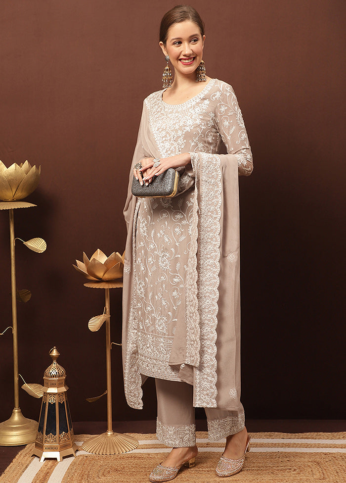 3 Pc Beige Unstitched Suit Set With Dupatta VDSL1002233 - Indian Silk House Agencies
