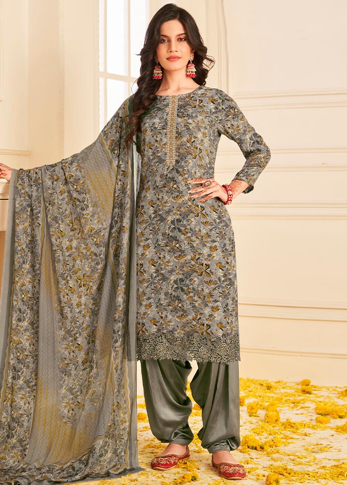 3 Pc Unstitched Grey Crepe Suit Set With Dupatta VDSL0702234 - Indian Silk House Agencies