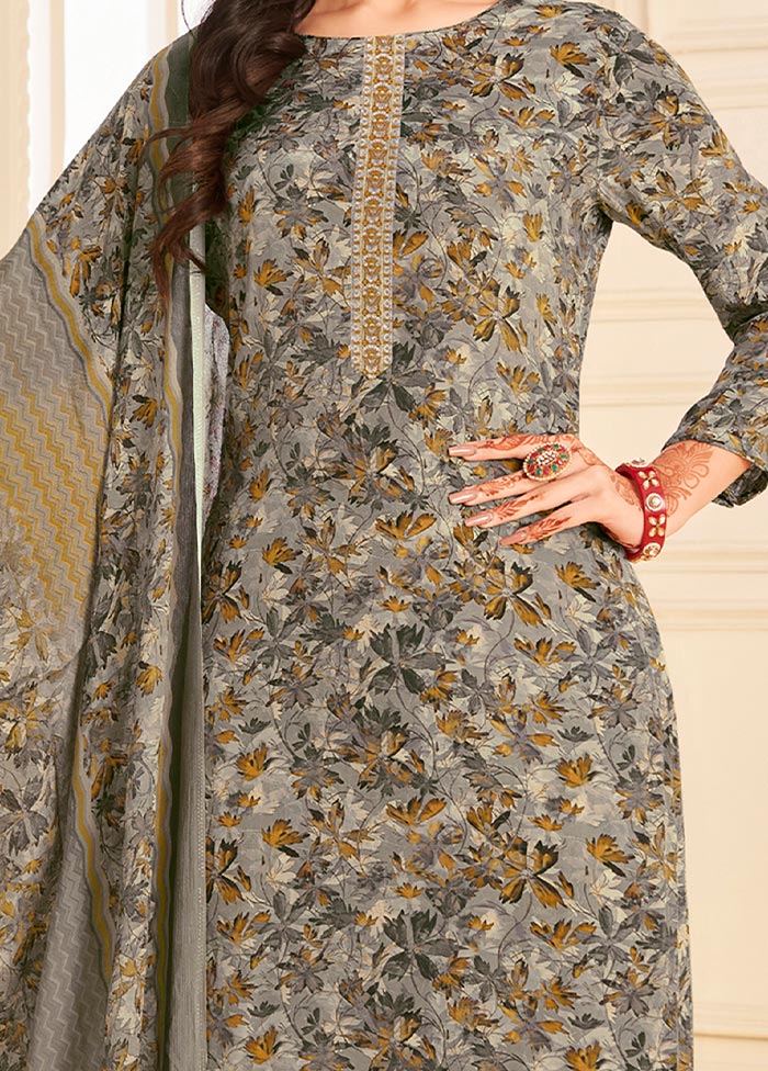 3 Pc Unstitched Grey Crepe Suit Set With Dupatta VDSL0702234 - Indian Silk House Agencies