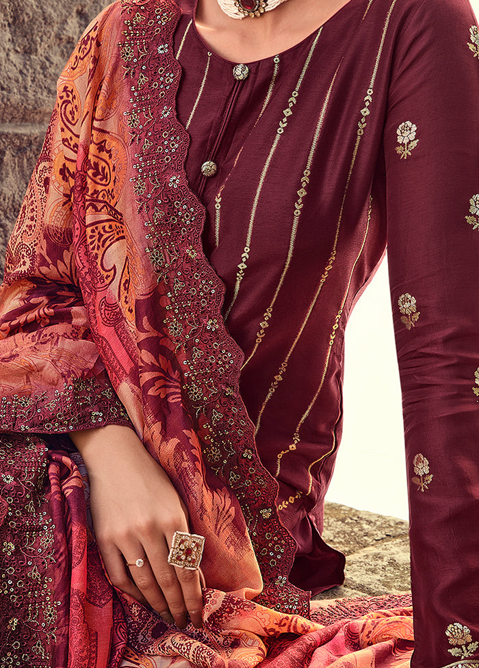 3 Pc Maroon Unstitched Suit Set With Dupatta VDSL0103231 - Indian Silk House Agencies