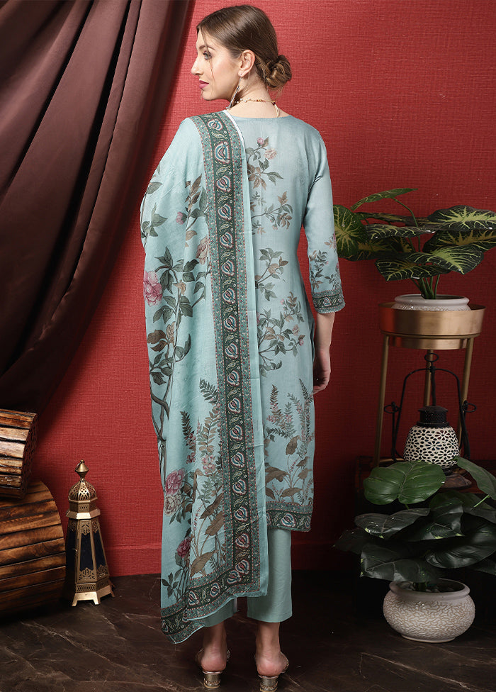 3 Pc Blue Unstitched Cotton Suit Set - Indian Silk House Agencies
