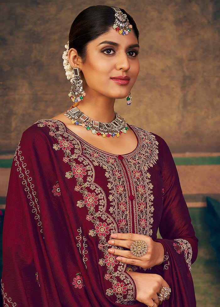 3 Pc Maroon Unstitched Suit Set With Dupatta VDSL2503236 - Indian Silk House Agencies