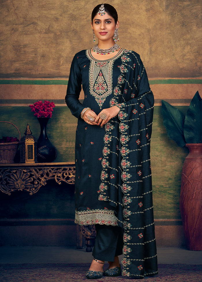 3 Pc Navy Blue Unstitched Suit Set With Dupatta VDSL2503237 - Indian Silk House Agencies