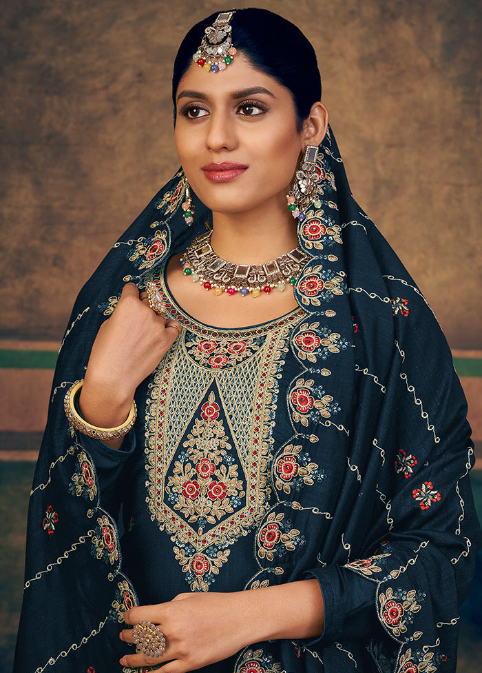 3 Pc Navy Blue Unstitched Suit Set With Dupatta VDSL2503237 - Indian Silk House Agencies