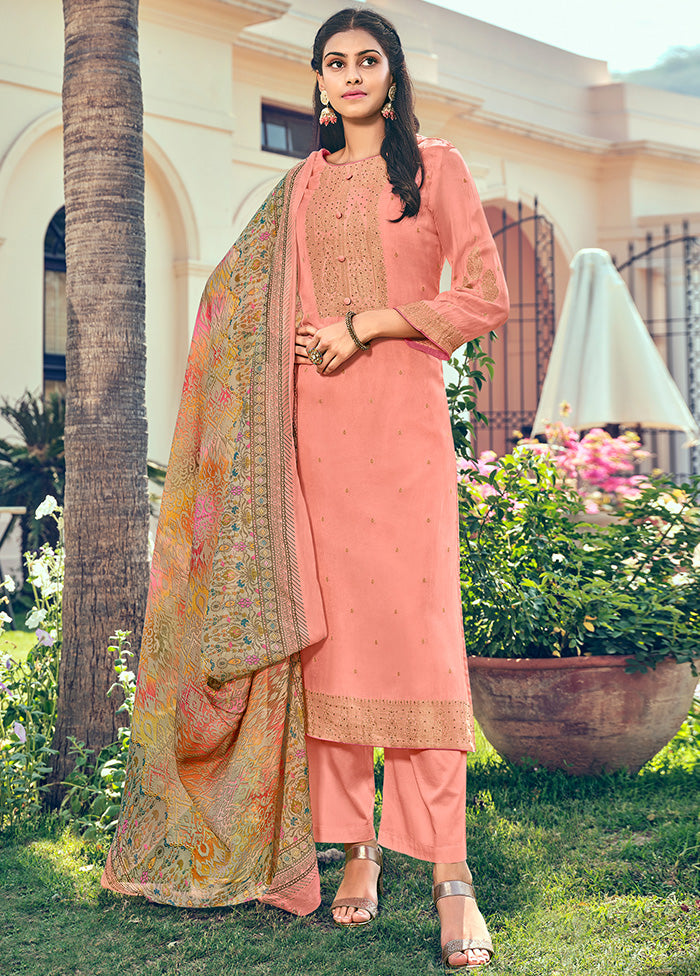 3 Pc Peach Unstitched Pure Silk Suit Set VDSL16052024 - Indian Silk House Agencies