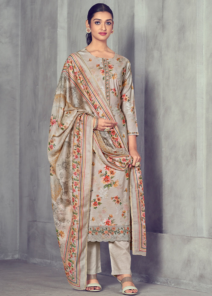 3 Pc Grey Unstitched Pure Cotton Suit Set - Indian Silk House Agencies