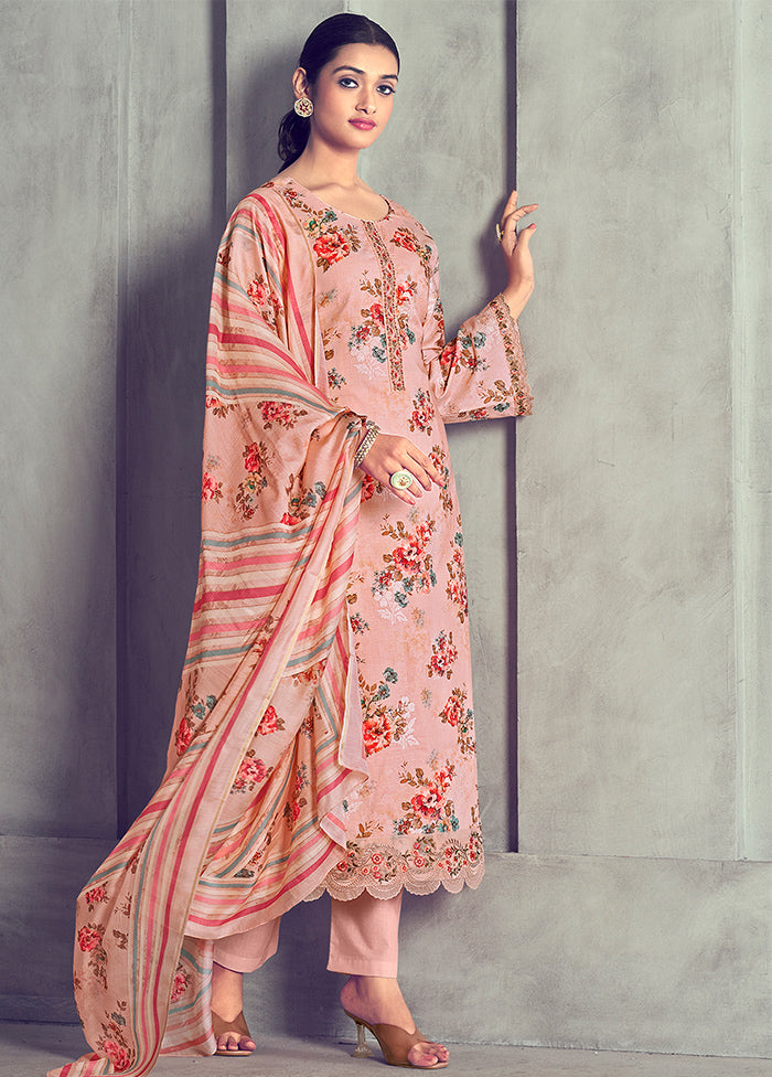 3 Pc Pink Unstitched Pure Cotton Suit Set - Indian Silk House Agencies